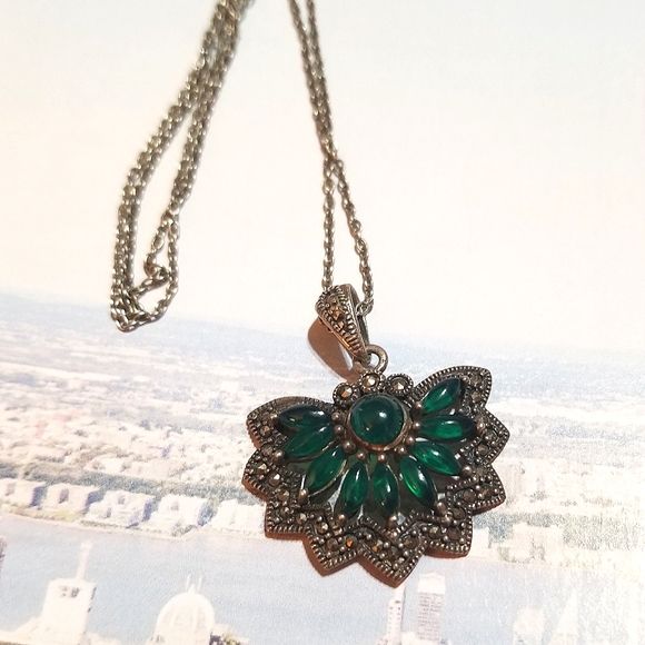 Antique Jewelry - Art Deco Green Onyx Marcasite Sterling Silver Necklace